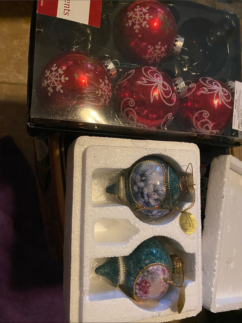 Vintage Heirloom Porcelain Ornament Set of 2 & 5 Glass ornaments